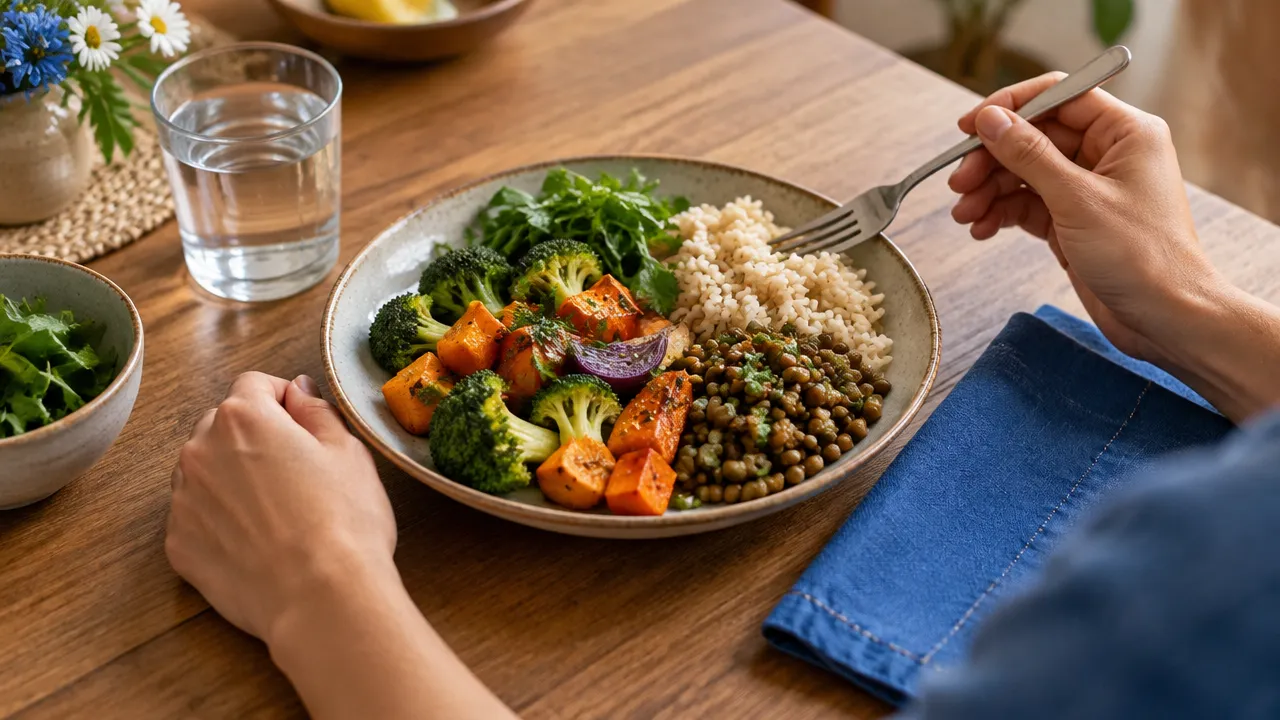 Pausa consciente durante una comida, con un plato casero y un tenedor descansando sobre la mesa