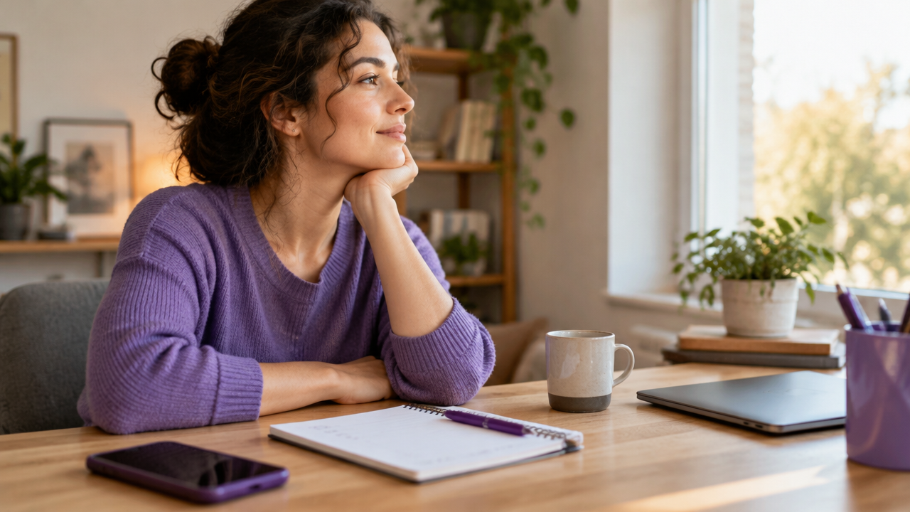 Pausa consciente junto al escritorio antes de retomar una tarea tras una interrupción digital
