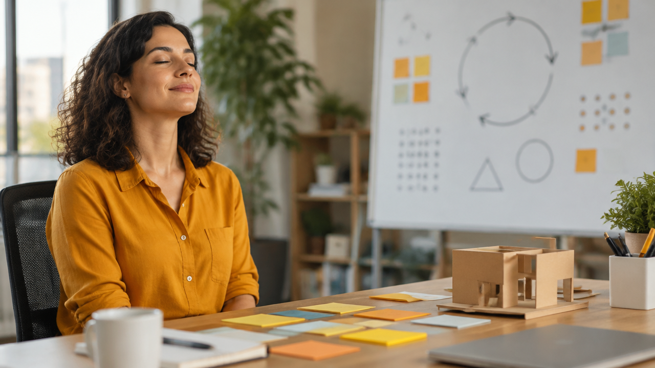 Pausa de atenção plena antes de uma equipe organizar e avaliar ideias para resolver um problema