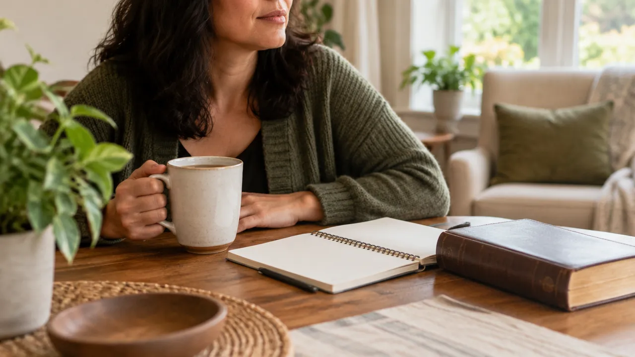 Pausa simples em casa com caneca, caderno e Bíblia sobre a mesa