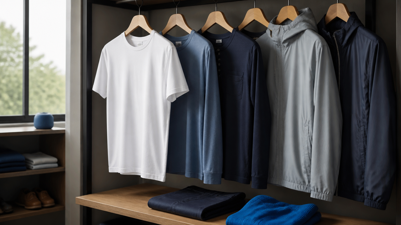Peças masculinas para clima instável organizadas em camadas, com camisetas, henley e sobreposição leve