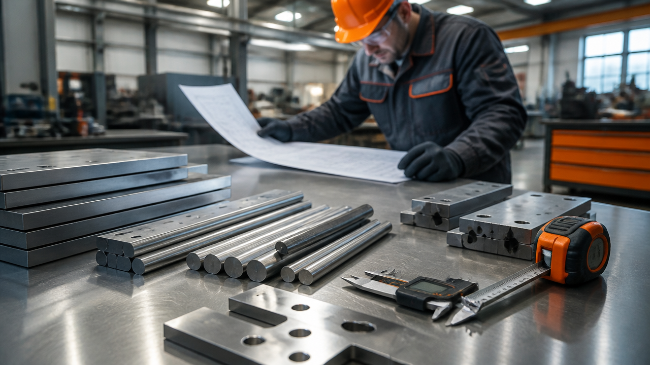 Peças metálicas cortadas sob medida com instrumentos de medição em ambiente industrial