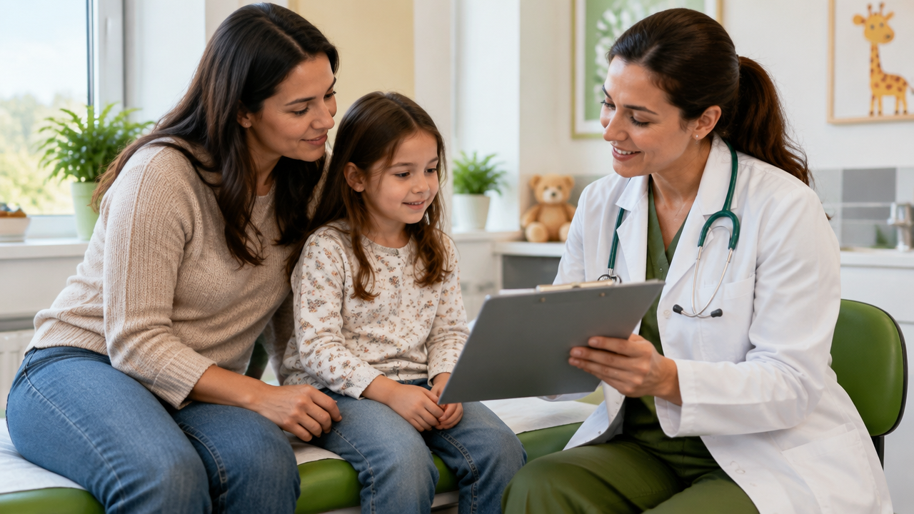 Pediatra conversa com uma criança e sua mãe sobre exames para investigar infecções urinárias repetidas