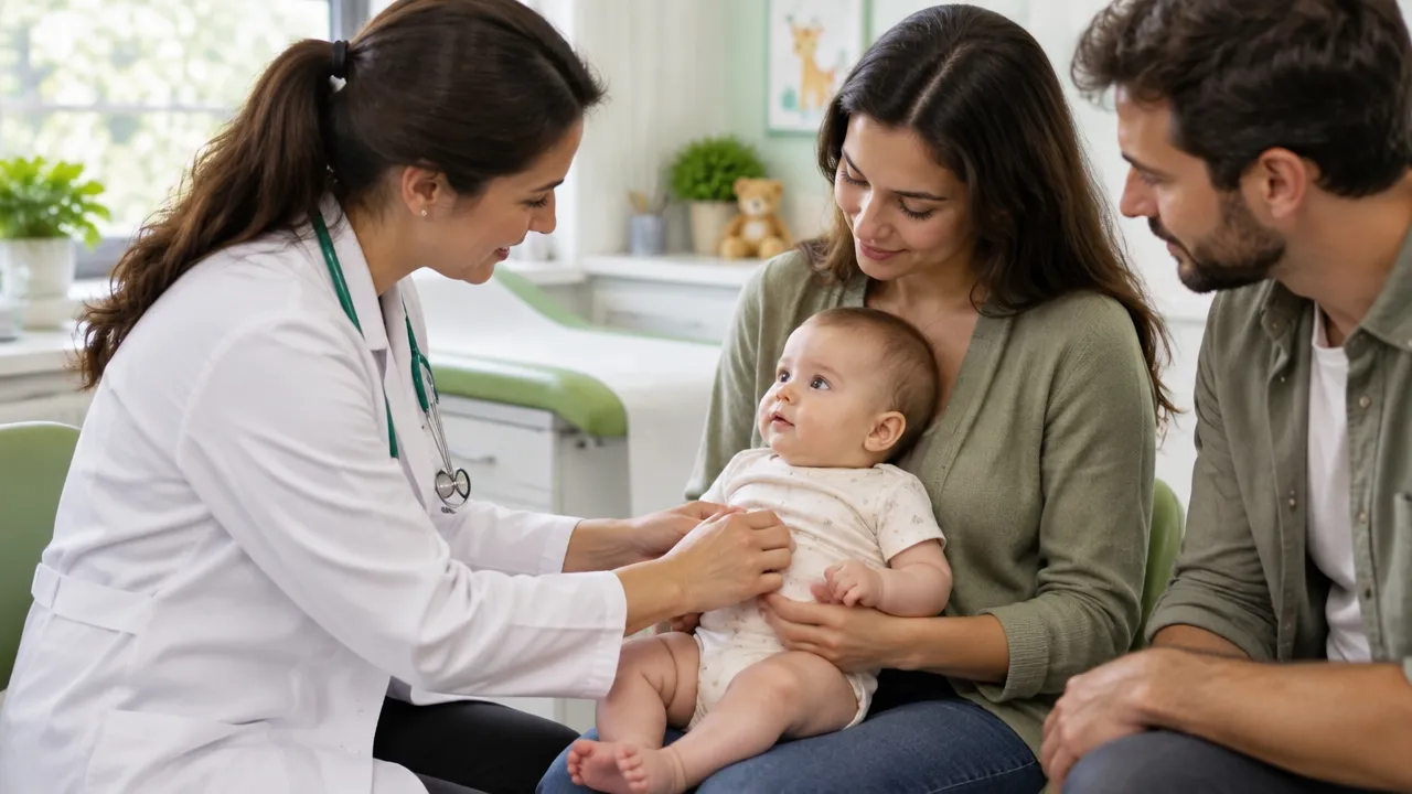 Pediatra examina um bebê de colo enquanto os responsáveis acompanham a avaliação.