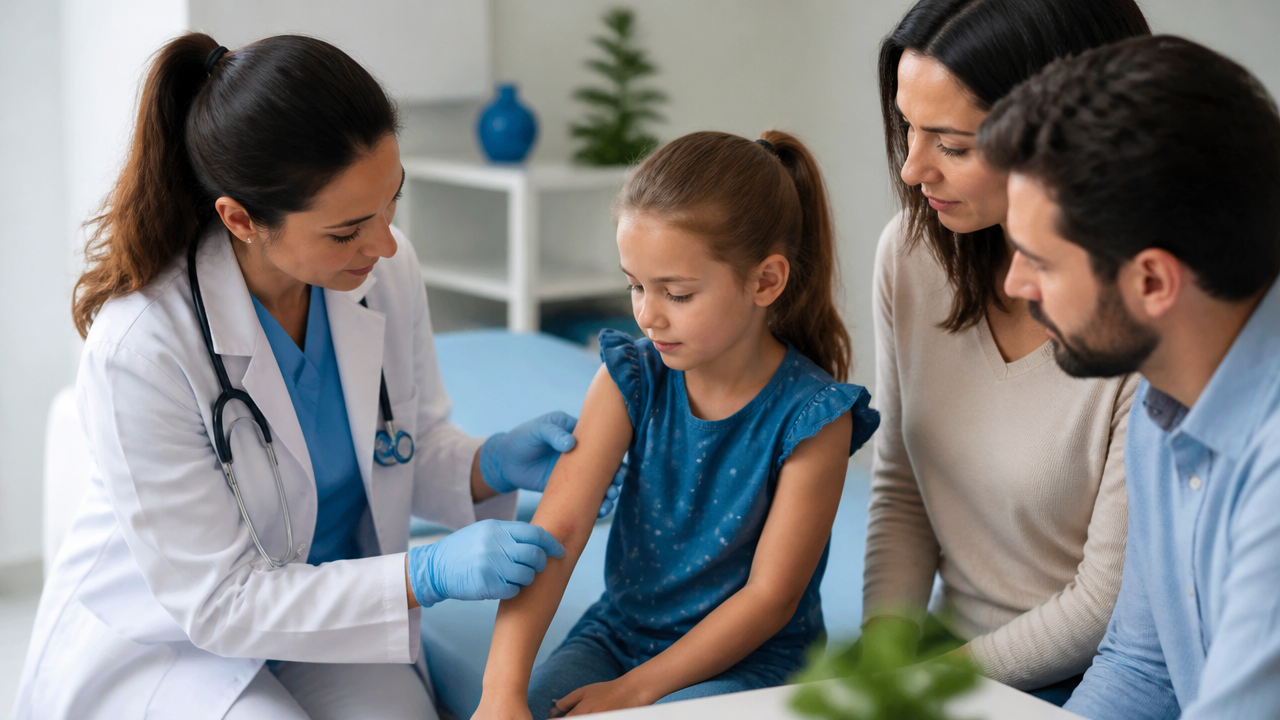 Pediatra examinando sinais de irritação na pele de uma criança durante consulta