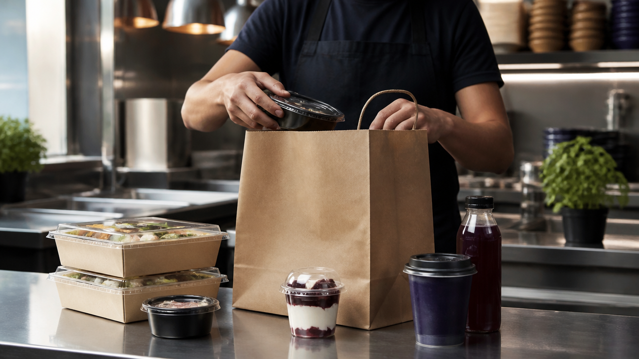 Pedido de delivery com combo completo, bebida e sobremesa sendo montado em bancada de restaurante