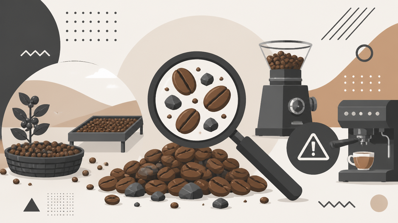 Grãos de café sobre bancada de inspeção com uma pequena pedra visível entre eles