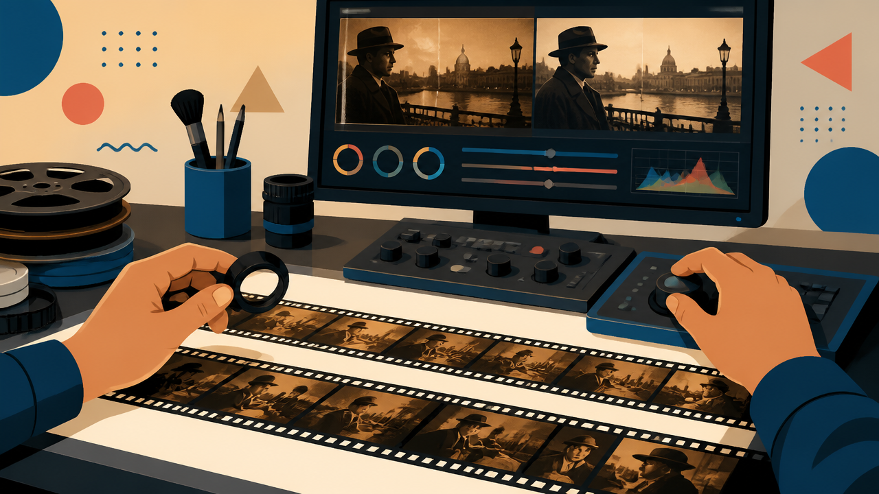 Película clássica sendo restaurada digitalmente com ajustes de contraste e cor em um monitor