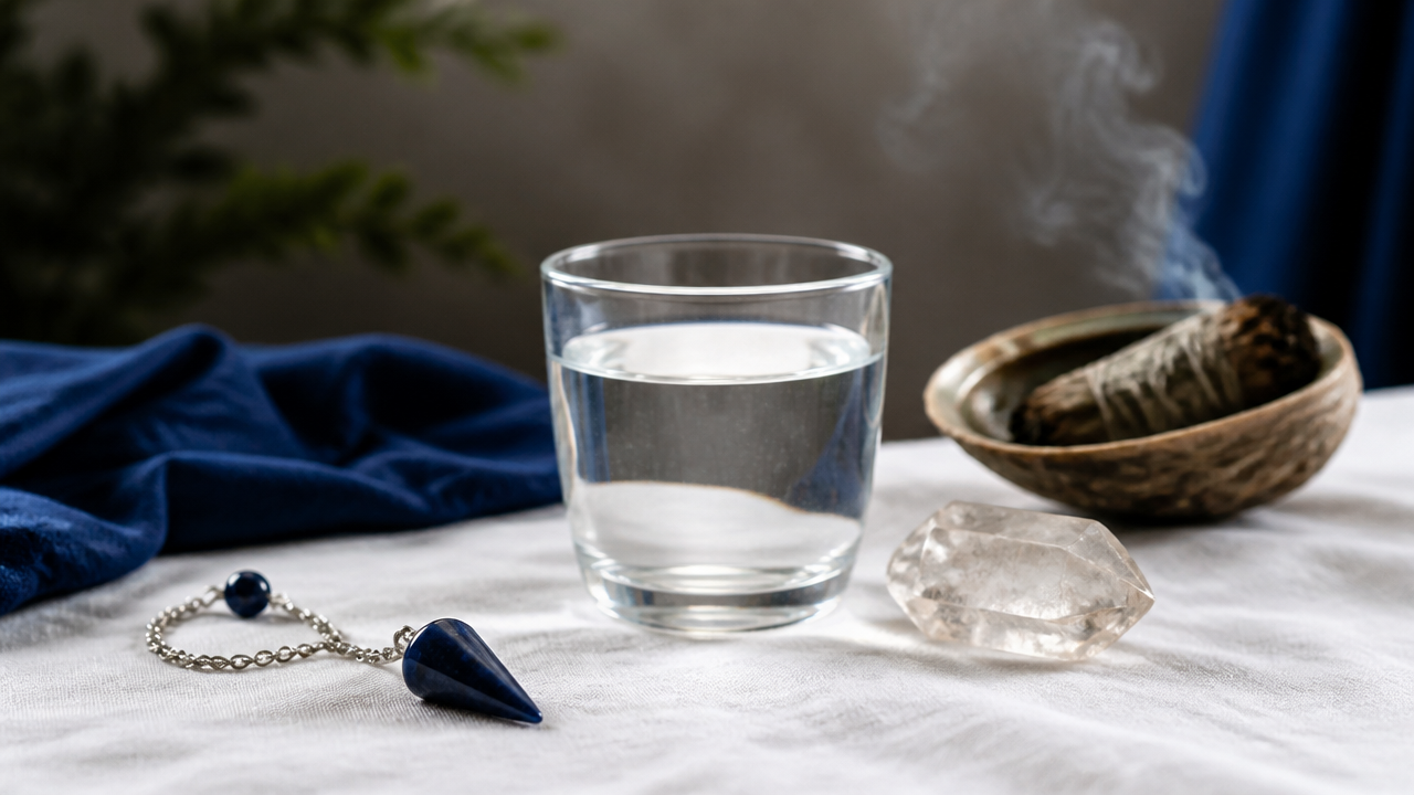 Pêndulo sobre pano branco ao lado de água e cristal em ritual de limpeza energética.