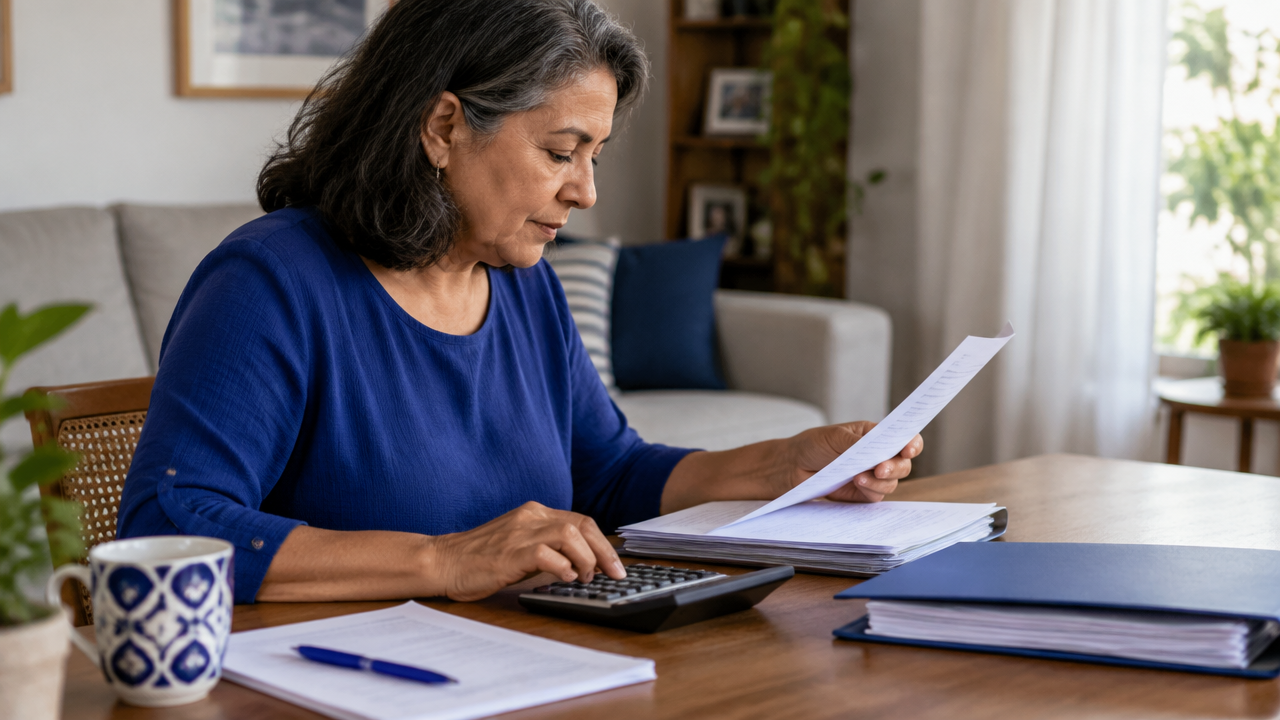 Pensionista compara documentos e valores de dois benefícios com uma calculadora