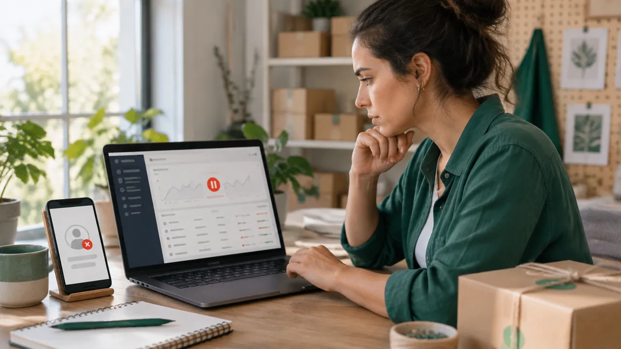 Pequena empreendedora analisa no notebook uma campanha digital pausada por suspensão da conta de anúncios