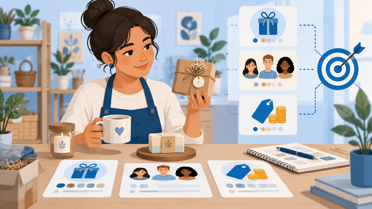 Pequena empreendedora avaliando produtos, perfil de cliente e oferta para planejar uma loja virtual