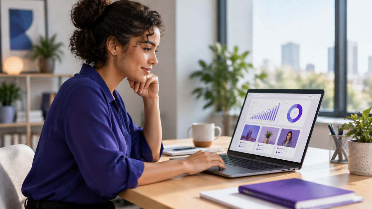 Pequena empresária analisando campanhas de anúncios digitais no notebook