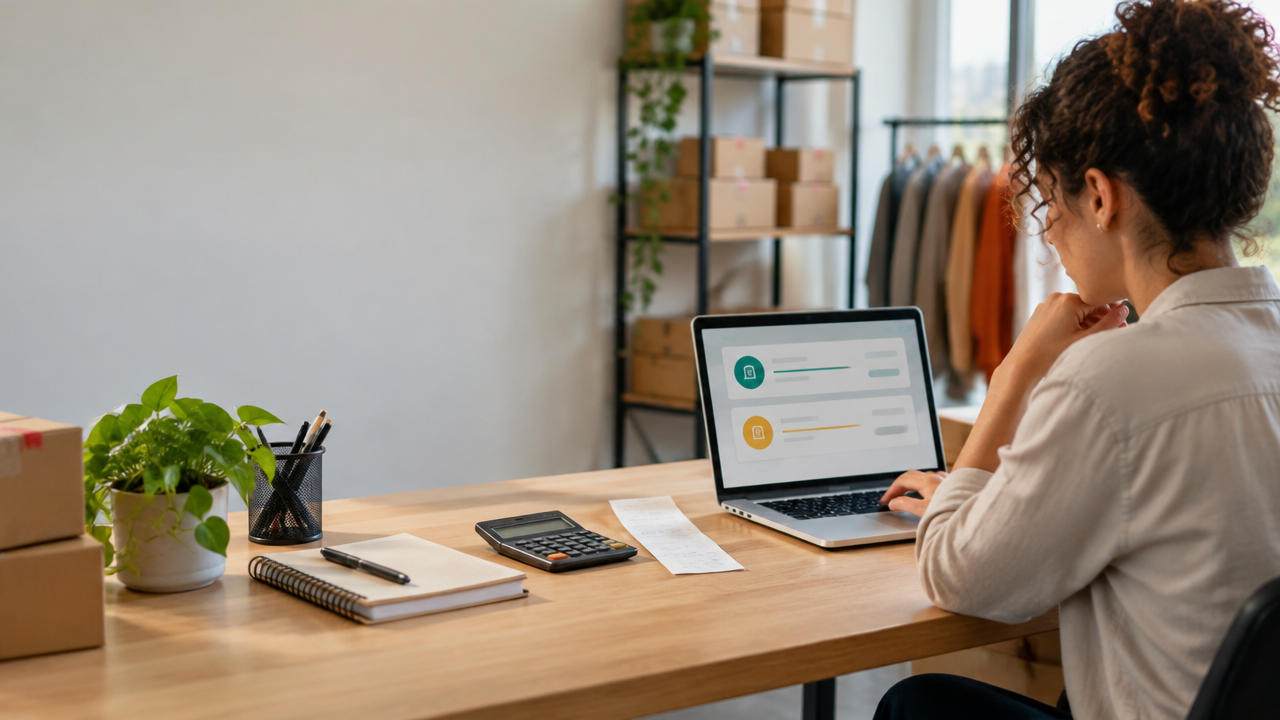 Pequena empresária analisando no notebook a divisão de valores de uma transação e os impactos tributários no negócio