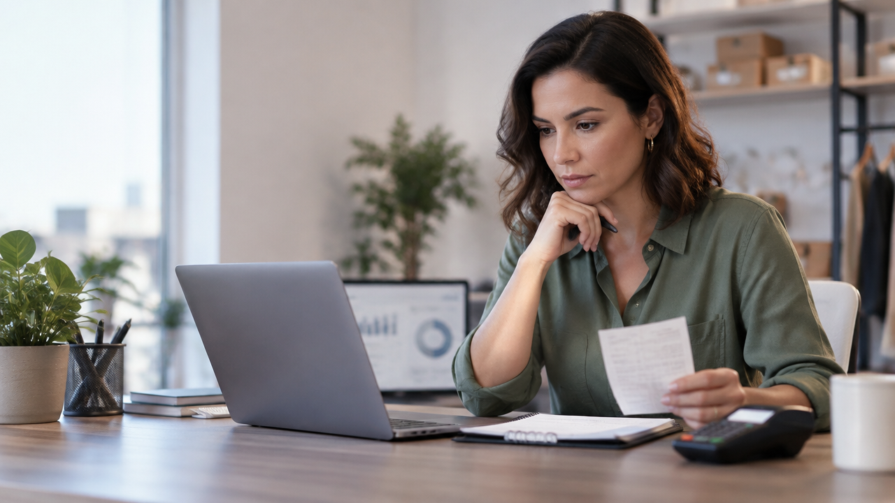 Pequena empresária analisando um pagamento e documentos fiscais no computador