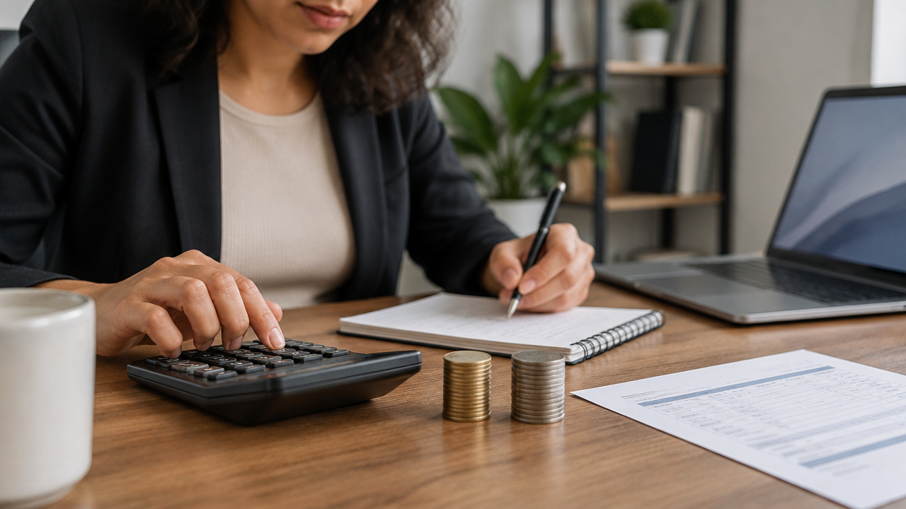 Pequena empresária confere um exemplo de divisão de receita e planeja o caixa com calculadora e extrato