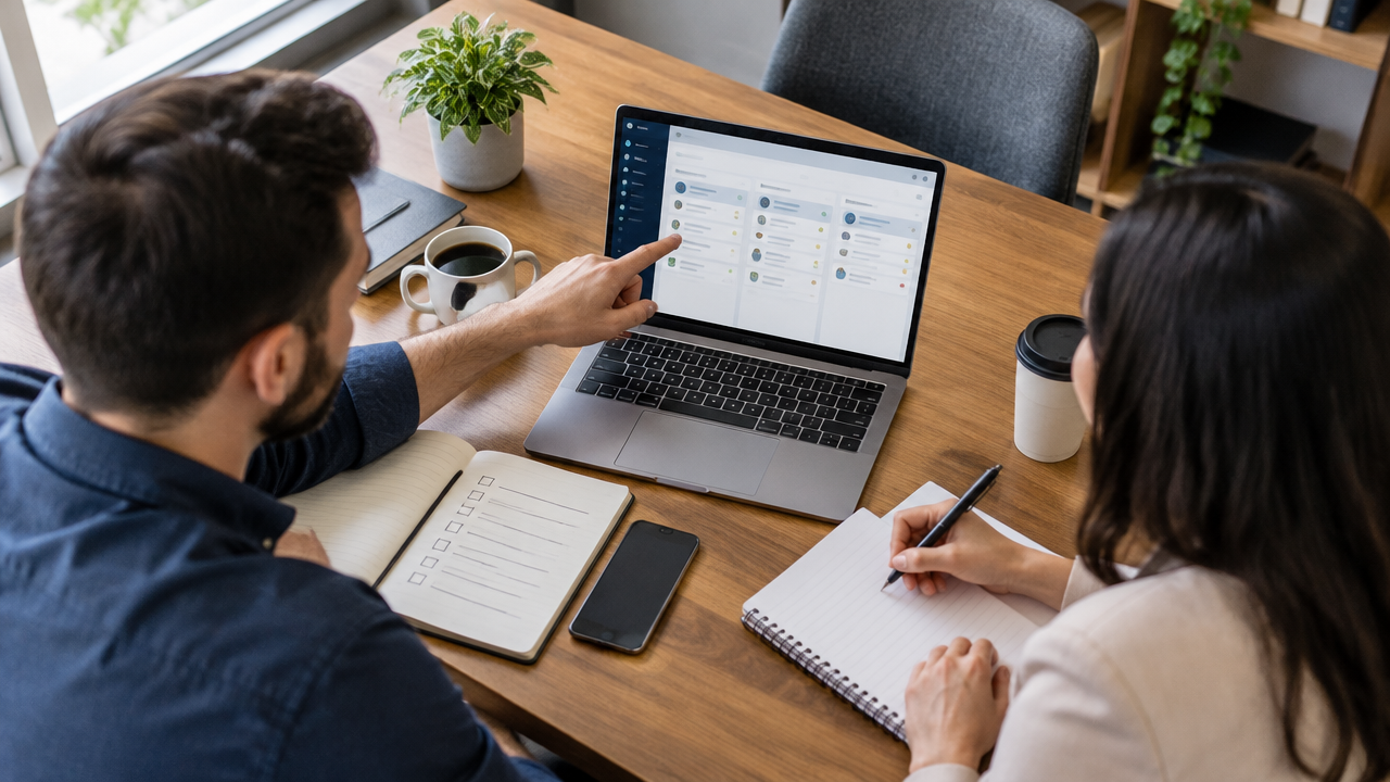 Pequena equipe comercial avalia tarefas, contatos e etapas de vendas antes de escolher um CRM