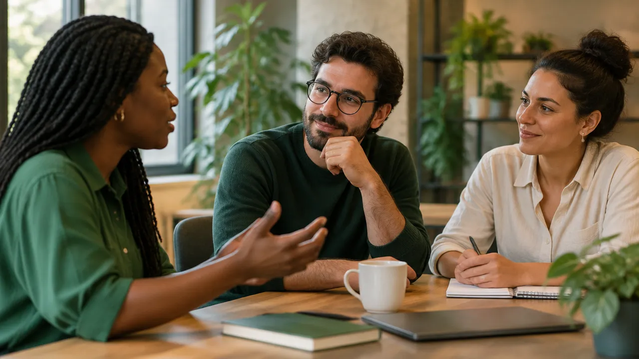 Pequena equipe conversa em reunião informal, com uma liderança ouvindo atentamente um colega