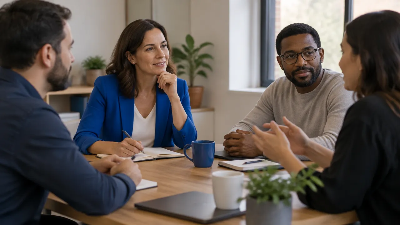 Pequena equipe participa de uma reunião de escuta, com uma gestora acolhendo diferentes perspectivas.