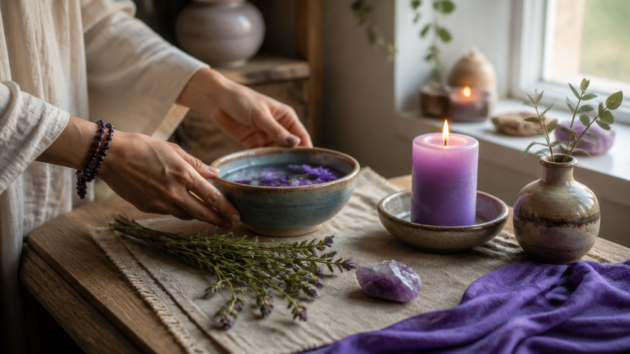 Pequeno altar com vela, água, ervas e pedra, simbolizando práticas de conexão com os elementos.