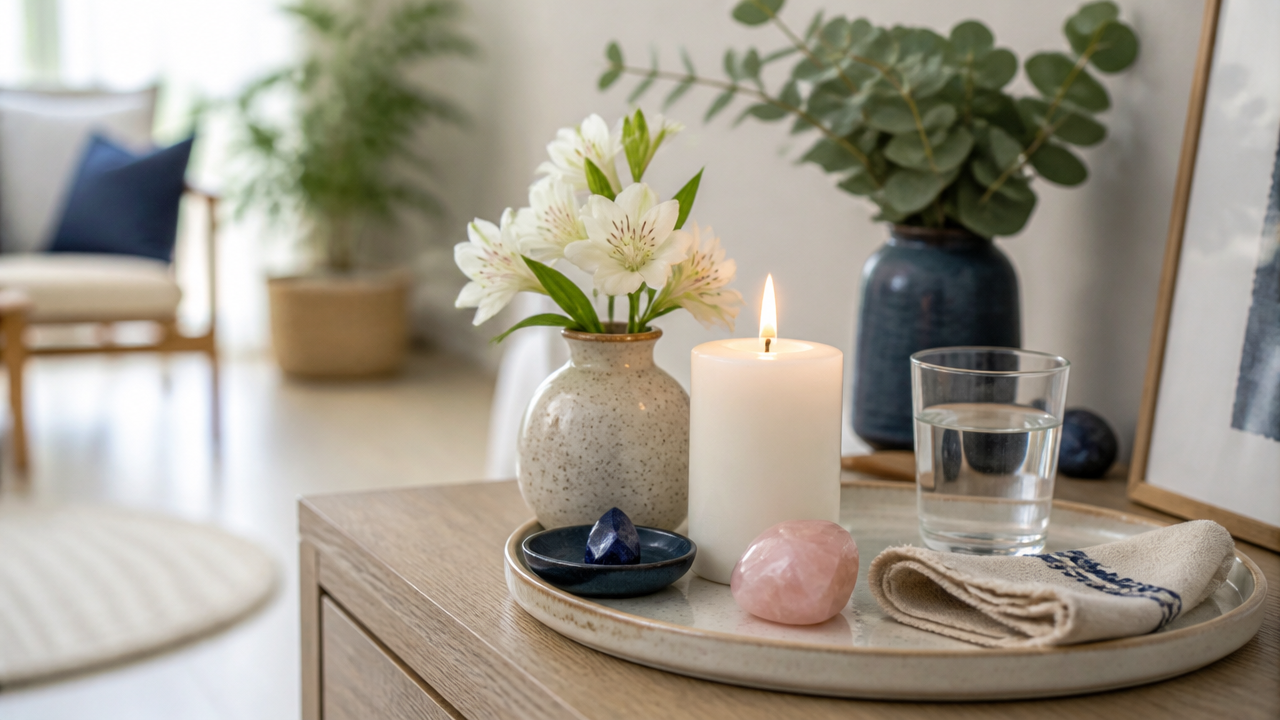 Pequeno altar doméstico com vela, água, flores e quartzo rosa sobre aparador claro