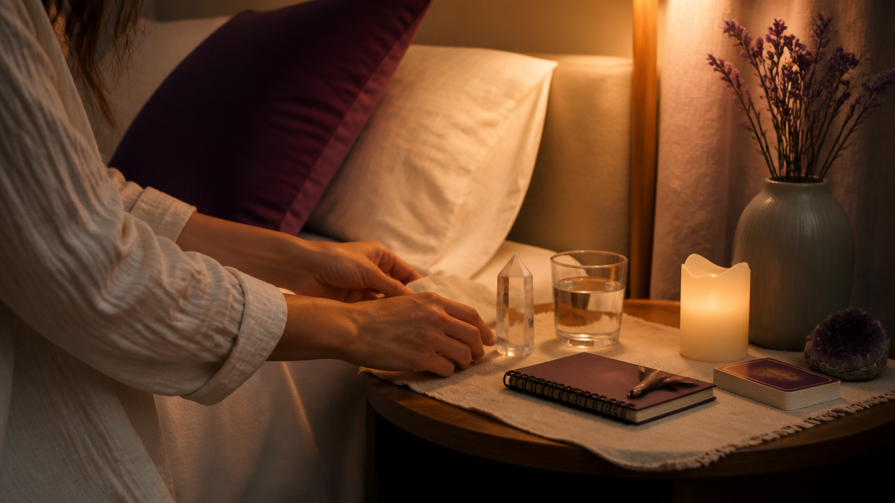 Pequeno espaço de prática espiritual organizado em quarto de hospedagem