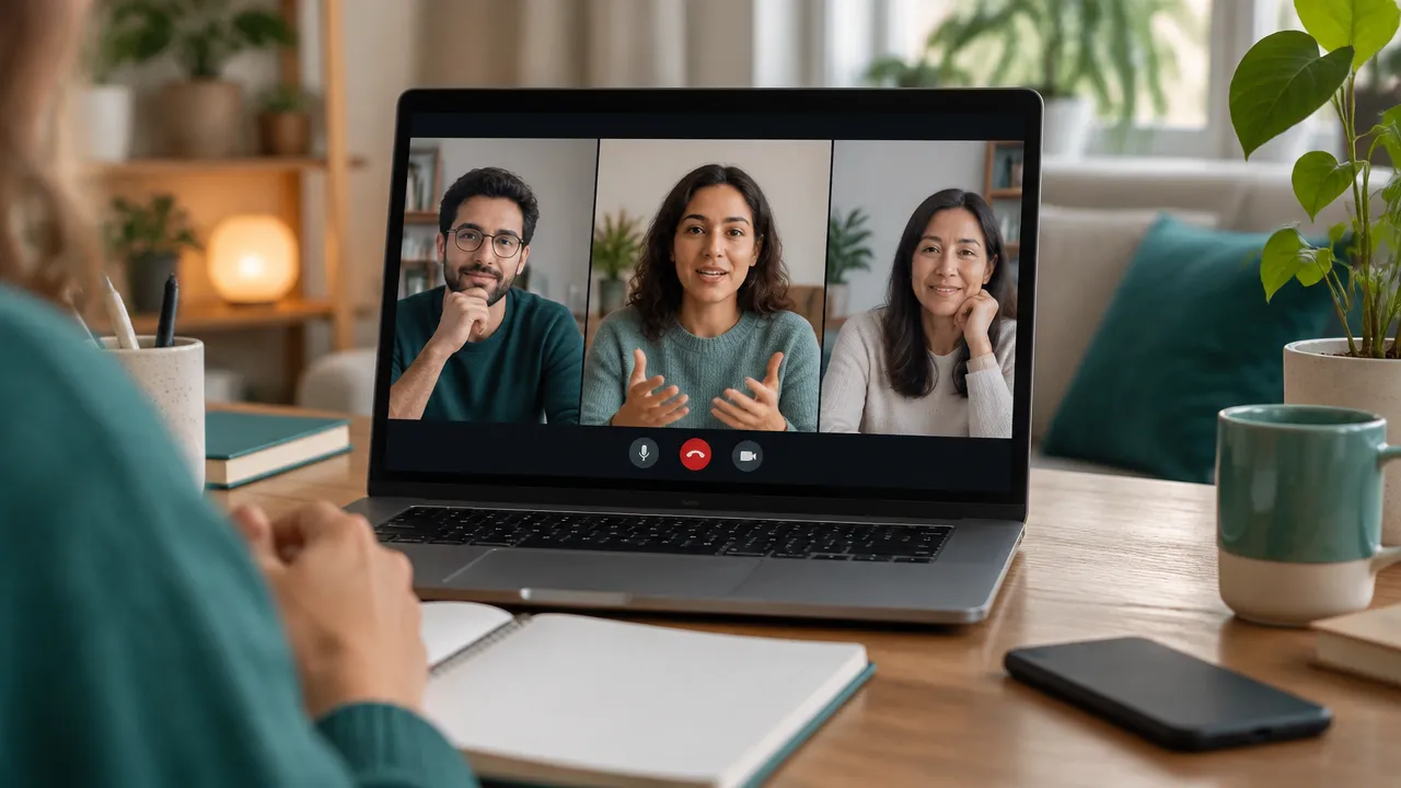 Pequeno grupo conversa por videochamada com atenção e respeito, ilustrando acordos de convivência e segurança emocional online.