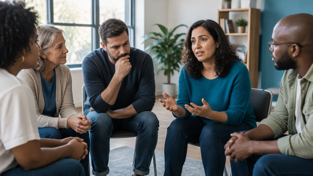 Pequeno grupo em conversa atenta, mostrando como emoções e identidade influenciam as interações.