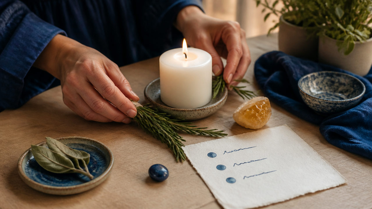 Pequeno ritual com vela, alecrim e cristal para estimular foco e novas ideias