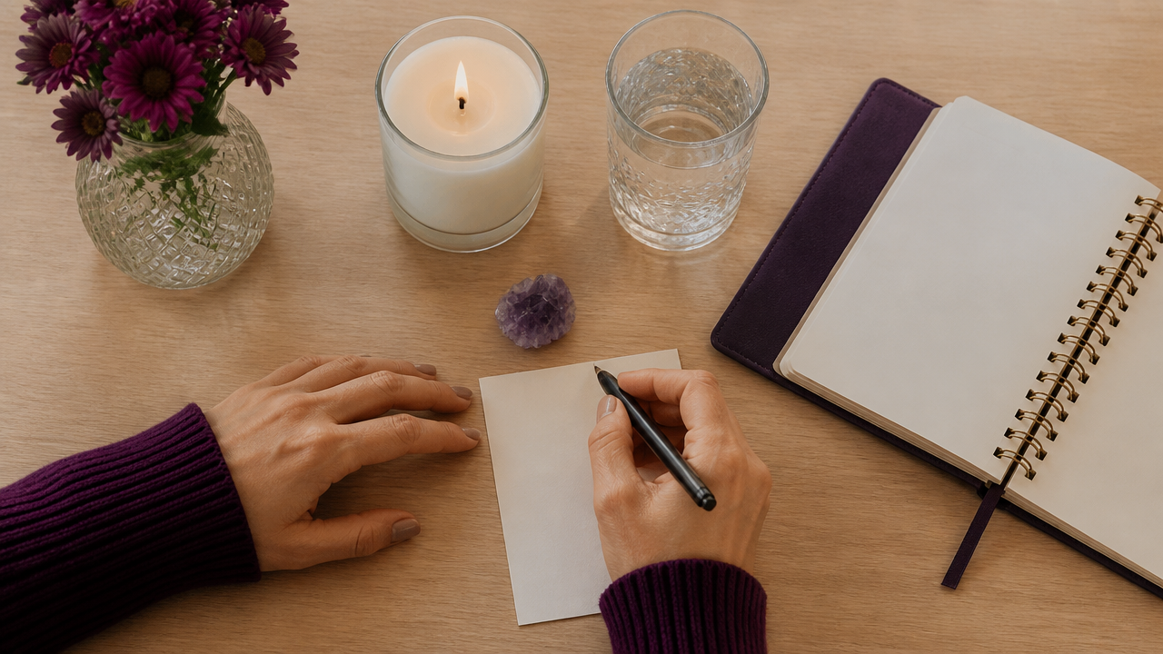 Pequeno ritual de fortalecimento com papel, água e vela antes do trabalho