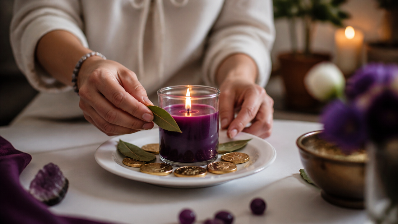 Pequeno ritual de prosperidade com vela refeita em recipiente de vidro