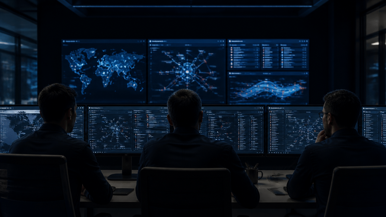 Pequeno time de segurança monitorando múltiplos sistemas com apoio de automação inteligente