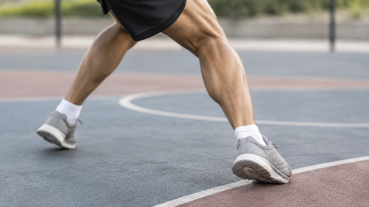 Perna de atleta em movimento de impulsão, ilustrando como uma mudança rápida de direção pode sobrecarregar o tendão de Aquiles