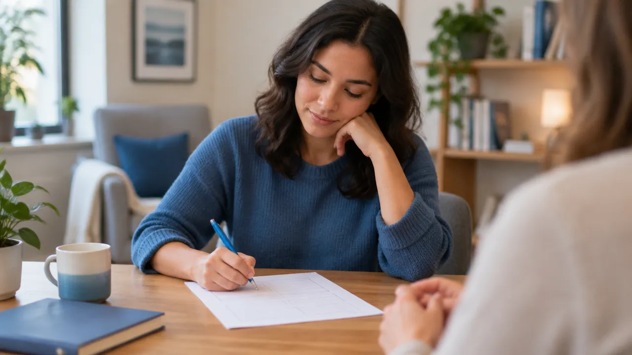 Person and therapist reviewing a simple thought-record worksheet during a collaborative CBT session
