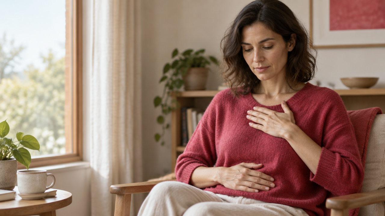 Person calmly observing their breathing with one hand on the chest and one on the abdomen