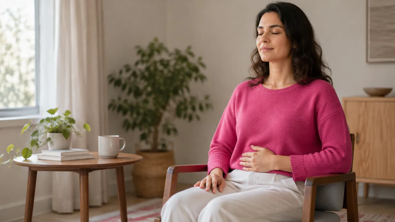 Person gently noticing their breath during a simple seated meditation practice