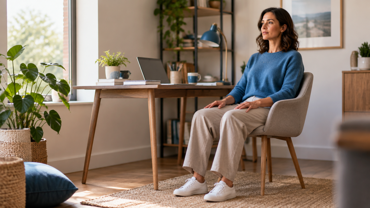 Person grounding themself at a desk with feet on the floor during a quiet breathing pause