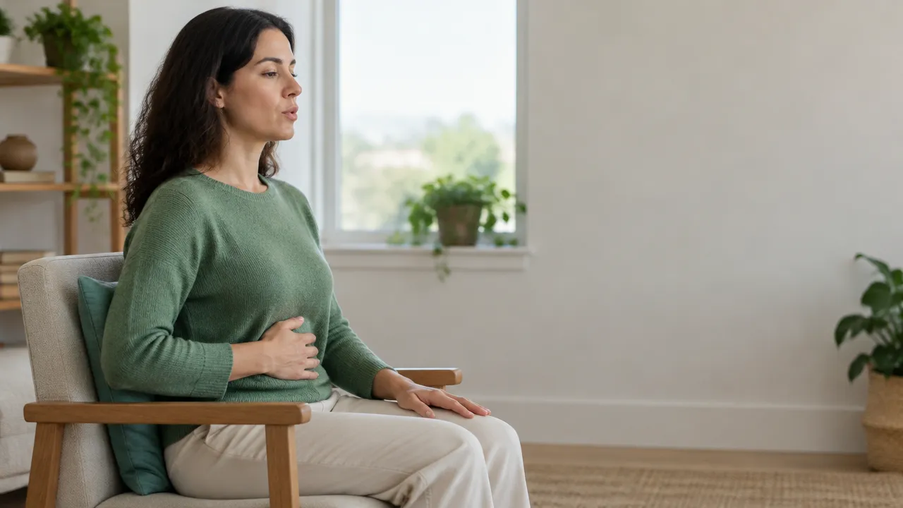 Person practicing a gentle, slow exhale while seated comfortably