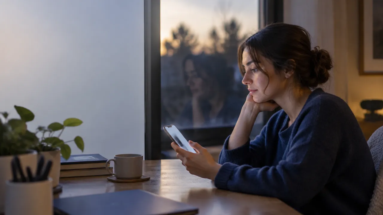 Person reflecting on their curated online identity while looking at a smartphone
