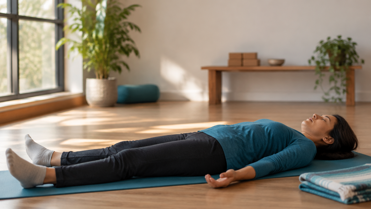 Person resting on a mat during a guided body scan practice
