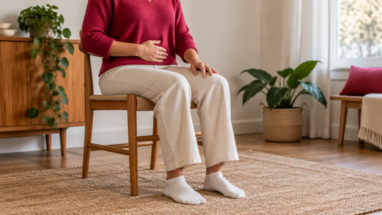 Person seated with feet grounded and hands relaxed while practicing a gentle breathing pause.
