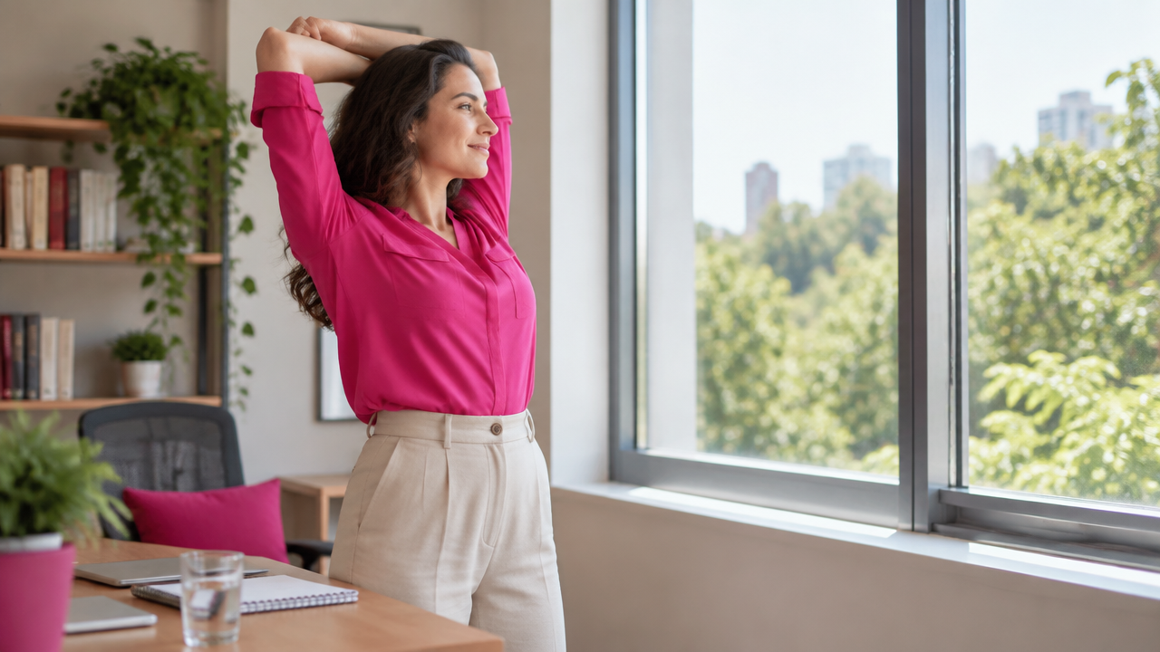Person taking a brief mindful stretch by an office window during the workday