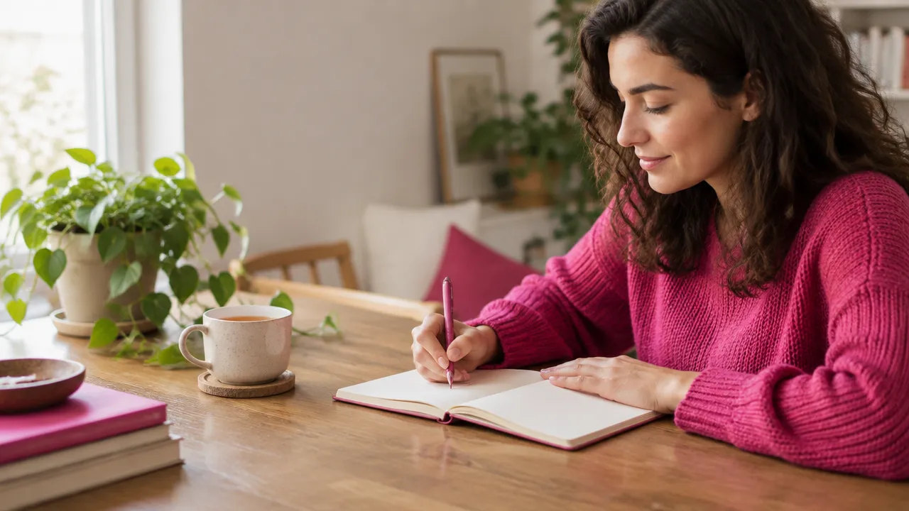 Person writing in a notebook during a calm self-reflection practice.