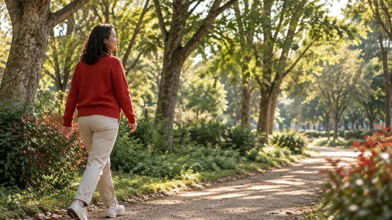 Persona adulta caminando con calma por un sendero arbolado como hábito cotidiano de bienestar