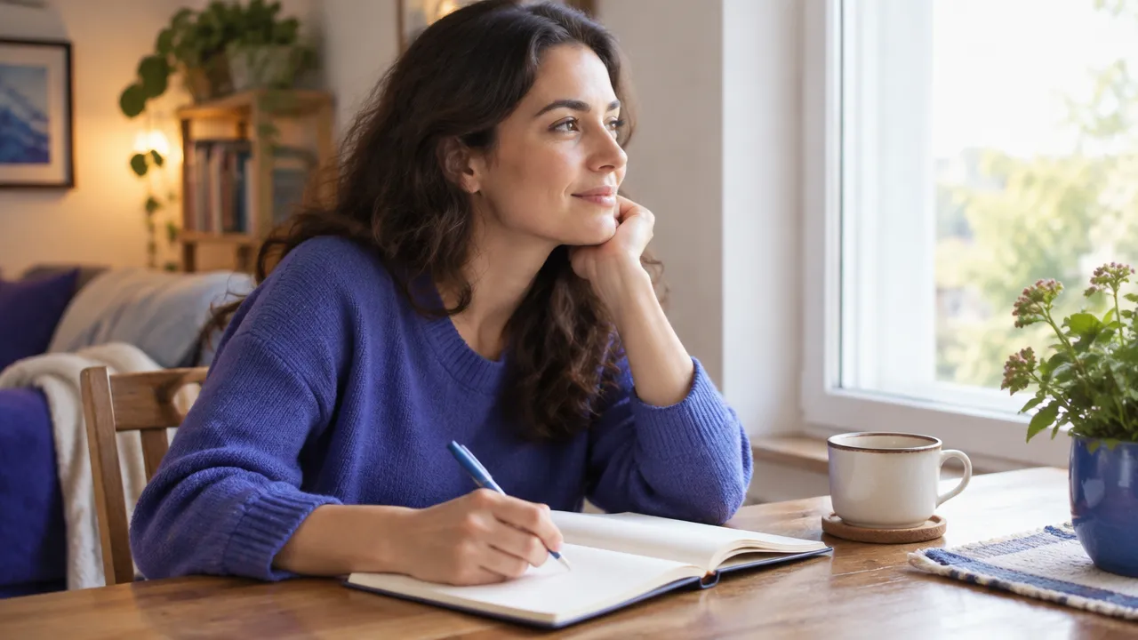 Persona adulta escribe en un cuaderno durante una pausa para identificar sus emociones