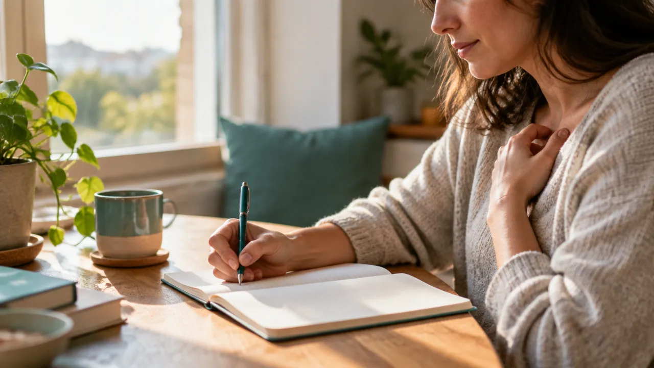 Persona adulta escribe en un cuaderno para identificar sus emociones y necesidades.