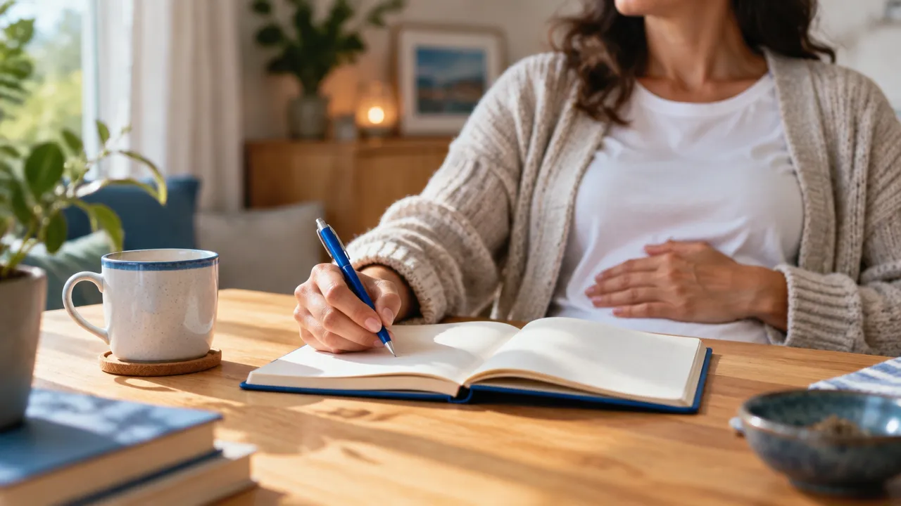 Persona adulta escribe en un cuaderno y hace una pausa consciente para ordenar sus emociones