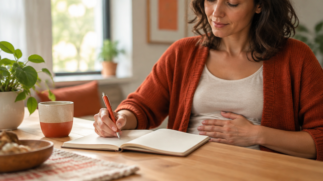 Persona adulta escribe en un cuaderno y presta atención a sus sensaciones, como ejercicio de conciencia emocional.