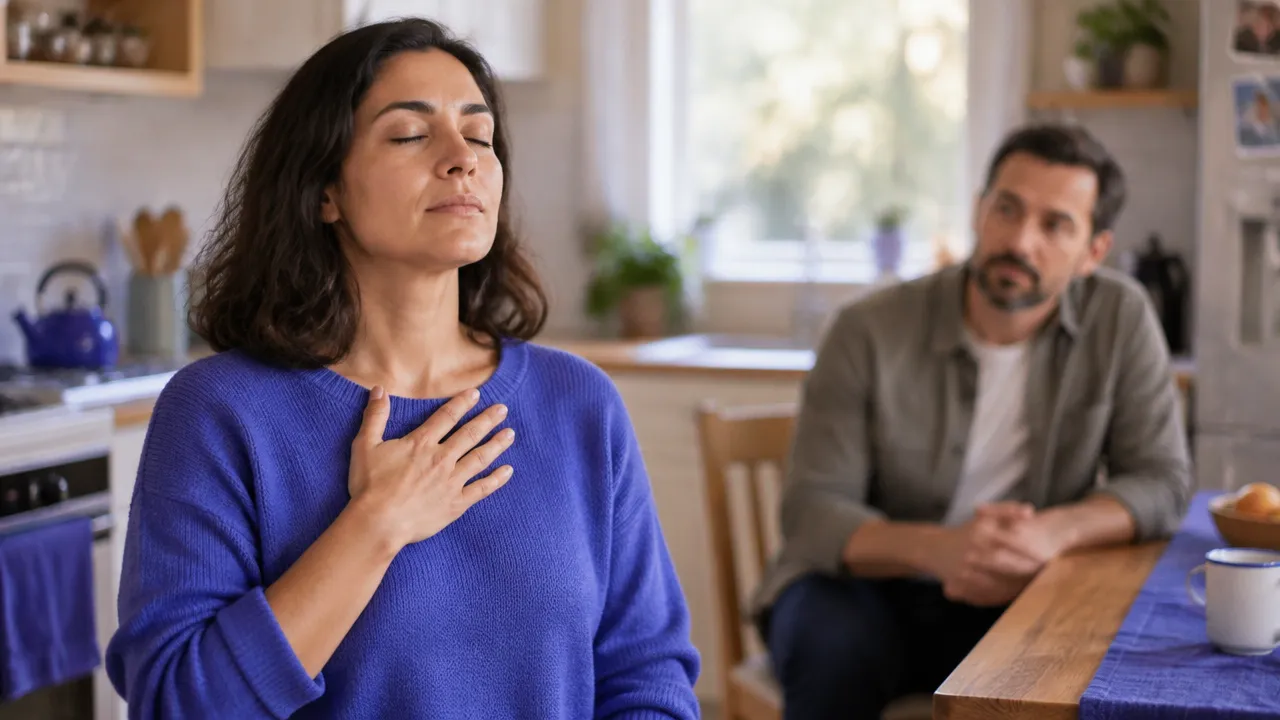 Persona adulta hace una pausa consciente antes de responder durante una conversación familiar difícil