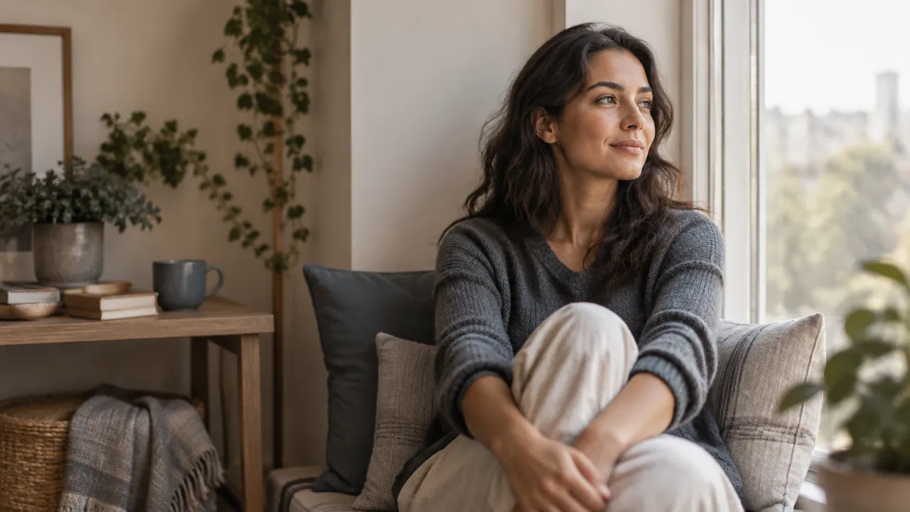 Persona adulta hace una pausa consciente junto a una ventana en un ambiente sereno